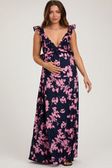 Navy Blue Floral Ruffle V-Neck Back Cutout Maternity Maxi Dress