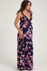 Navy Blue Floral Ruffle V-Neck Back Cutout Maternity Maxi Dress