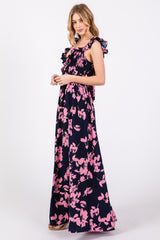 Navy Blue Floral Ruffle V-Neck Back Cutout Maxi Dress