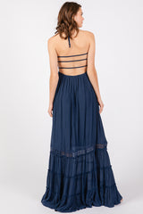 Navy Smocked Open Back Maxi Dress