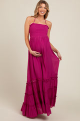 Purple Smocked Open Back Maternity Maxi Dress