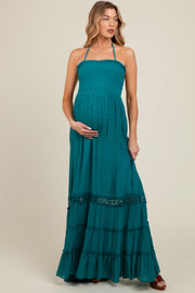 Teal Smocked Open Back Maternity Maxi Dress