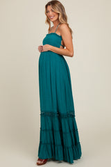 Teal Smocked Open Back Maternity Maxi Dress