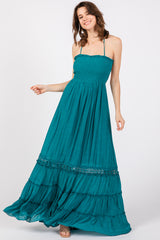 Teal Smocked Open Back Maternity Maxi Dress