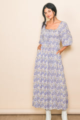 Lavender Abstract Floral Smocked Maxi Dress