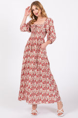 Red Abstract Floral Smocked Maxi Dress