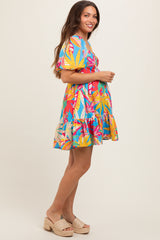 Blue Multicolor Print Puff Sleeve Maternity Dress