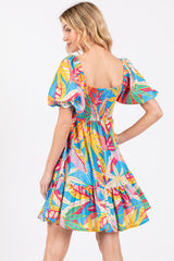 Blue Multicolor Print Puff Sleeve Dress