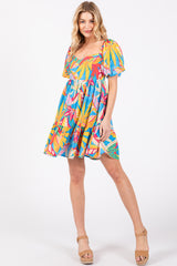 Blue Multicolor Print Puff Sleeve Dress