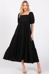 Black Textured Tiered Midi Dress