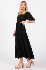 Black Textured Tiered Midi Dress