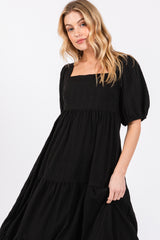 Black Textured Tiered Midi Dress