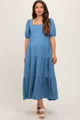 Blue Textured Maternity Tiered Midi Dress