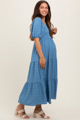 Blue Textured Maternity Tiered Midi Dress