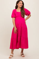 Fuchsia Textured Maternity Tiered Midi Dress