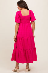 Fuchsia Textured Maternity Tiered Midi Dress