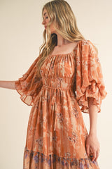 Rust Floral Puff Sleeve Tiered Midi Dress