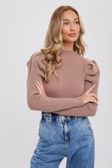 Mocha Puff Sleeves Mock Neck Pullover