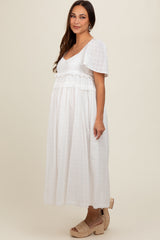 Ivory Button Front Lace Trim V-Neck Short Sleeve Maternity Midi Dress