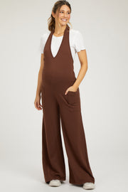 Brown Halter Front Pocket Knit Maternity Jumpsuit