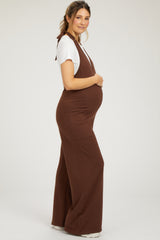 Brown Halter Front Pocket Knit Maternity Jumpsuit