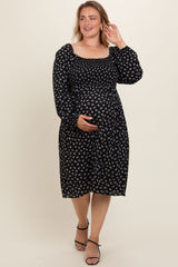 Black Floral Smocked Square Neck Plus Maternity Midi Dress