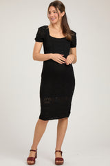 Black Crochet Square Neck Short Sleeve Maternity Dress