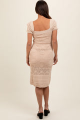 Beige Crochet Square Neck Short Sleeve Maternity Dress