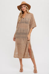 Taupe Open Knit Front Tie Side Slit Midi Maternity Swim Cover Up