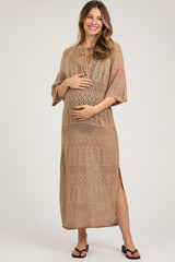 Taupe Open Knit Front Tie Side Slit Midi Maternity Swim Cover Up