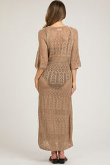 Taupe Open Knit Front Tie Side Slit Midi Maternity Swim Cover Up