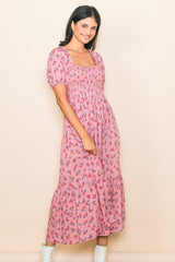 Pink Floral Smocked Short Sleeve Maternity Midi Dress