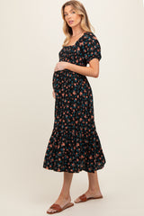 Black Floral Smocked Short Sleeve Maternity Midi Dress