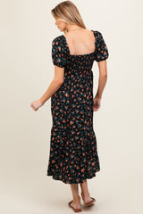 Black Floral Smocked Short Sleeve Maternity Midi Dress