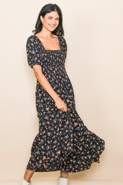 Black Floral Smocked Short Sleeve Midi Dress