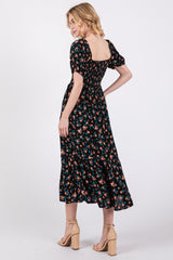 Black Floral Smocked Short Sleeve Midi Dress