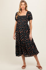 Black Floral Smocked Short Sleeve Maternity Midi Dress