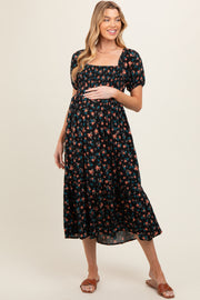 Black Floral Smocked Short Sleeve Maternity Midi Dress