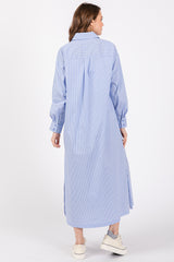 Blue Pinstriped Button Front Side Slit Midi Shirt Dress