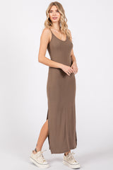 Taupe Ribbed Side Slit Maxi Dress