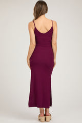 Burgundy Ribbed Side Slit Maternity Maxi Dress