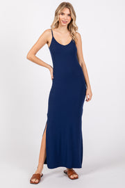 Navy Ribbed Side Slit Maxi Dress