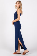 Navy Ribbed Side Slit Maxi Dress