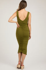 Olive Ruched V-Back Maternity Midi Dress