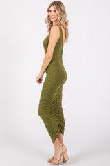 Olive Ruched V-Back Midi Dress