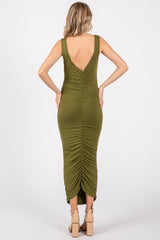 Olive Ruched V-Back Midi Dress