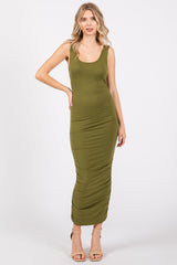 Olive Ruched V-Back Maternity Midi Dress