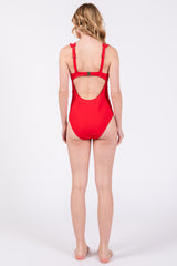 Red Ruched Scalloped One Piece Swimsuit