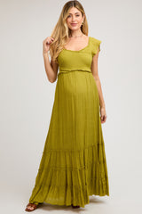 Lime Smocked Crossover Off Shoulder Maternity Maxi Dress