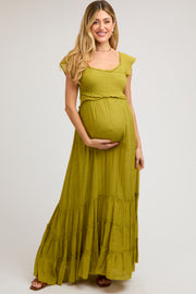 Lime Smocked Crossover Off Shoulder Maternity Maxi Dress